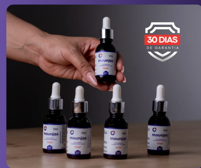 Frascos do suplemento Mounjax alinhados em fundo escuro com selo de garantia para indicação de onde comprar o produto original.